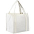 A tote bag in cream and white with sturdy handles and a simple design, featuring a logo on one side.