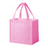 A pink non-woven tote bag with sturdy handles and a rectangular shape. It features a branding logo.