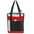 A tote bag in red, black, and grey with a front pocket, featuring a logo, and holding a drink bottle and snacks.