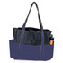 A black and navy tote bag with two handles and an exterior pocket holding a drink bottle. It has a logo.