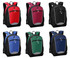 A collection of six backpacks in red, burgundy, black, blue, and green, featuring front zip pockets and black accents.