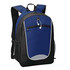 A backpack featuring a blue front panel with black accents and a logo. It has adjustable straps and a zippered pocket.