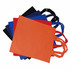 A collection of colourful reusable bags in orange, blue, black, and red with handles, stacked together.