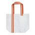 A tote bag in white with bold orange striped handles. It has a spacious design and a simple aesthetic.