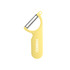 A yellow vegetable peeler with a stainless steel blade and a grip handle, featuring a logo on the side.