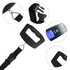 A black luggage scale features a digital display and sturdy strap attachments. The design includes a logo.