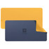 A PU leather desk mat featuring a yellow surface on one side and a navy blue underside, with a logo in the centre.