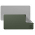 A PU leather desk mat in green and grey, featuring a subtle logo on the corner.