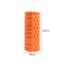 An orange foam yoga roller, cylindrical with textured surfaces, measuring 33 cm in height and 14 cm in diameter.