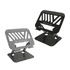 A foldable metal laptop stand in black, featuring a logo and adjustable angle for ergonomic use.