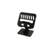 A foldable metal tablet stand in black, featuring adjustable angles and a sturdy base for stability.