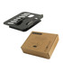 A foldable black metal tablet stand alongside a brown cardboard box. The box features a logo and product design.