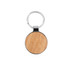 A round wooden keyring featuring a natural wood surface and a silver metal ring.