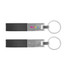 A black PU leather keyring with metal accents and a logo, featuring a sleek, minimalist design.
