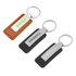 PU leather keyrings in brown and black, featuring a metal attachment and logos on the leather tags.