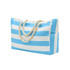 A blue and white striped beach bag with rope handles, featuring a side pocket and a branding logo.