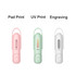 A pink, a green, and a white USB handheld mini fan with flashlight features and logos.