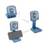A blue folding neck fan with a phone stand, featuring adjustable angles and a simple design.
