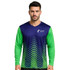 A long-sleeve V-neck shirt featuring a gradient design in navy blue and green, with a logo on the chest.