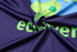 A close-up of a soft, vibrant purple fabric featuring a colourful design and a logo.