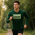 A green unisex long-sleeved V-neck shirt with a logo. The model is jogging outdoors.
