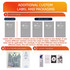 A visual guide displaying custom labels, eco-friendly packaging, and hangtags for product branding and sizes.