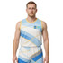 A sleeveless sport jersey in blue and white with a geometric pattern and logo on the front.