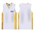 A sleeveless sport jersey in white with yellow accents and a logo, featuring a curved V-neck design.