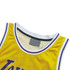 A bright yellow sleeveless sport jersey featuring a white and purple trim, with an interior mesh lining.