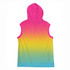 A sleeveless hoodie featuring a vibrant gradient from pink to yellow to blue, with a hood and a pocket.