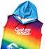 A sleeveless hoodie featuring a blue hood and a vibrant rainbow gradient design, with a logo on the front.