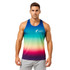 A gradient singlet in vibrant blue, green, and purple, featuring a logo on the front.