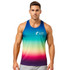A gradient singlet featuring blue, green, yellow, and pink hues, with a logo on the front.
