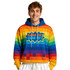 A colourful unisex hoodie featuring a vibrant rainbow design with a blue hood and a logo.