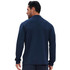 A model wears a navy polyester spandex stand-up collar quarter-zip raglan jacket, featuring long sleeves and a smooth finish.