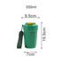 A drink bottle in green with a yellow lid, featuring a strap and measurements of 350ml, 15.5cm high, and 7cm wide.