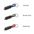 A multi-coloured charging cable with a keyring, featuring red, blue, and grey options. Includes a logo.
