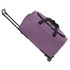 A wheeled duffel bag in a vibrant purple shade, featuring a retractable handle and black accents.