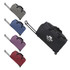 A wheeled duffel bag in grey, blue, purple, red, and black, featuring a logo on the side.