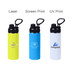 A drink bottle trio in yellow, blue, and white, featuring various printing styles and black carry handles.