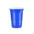 A blue plastic cup with a white lid, part of a party cup set for beer pong games.