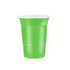 A green plastic cup with a ribbed design and a white rim, featuring a logo on the side.