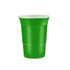 A green plastic cup, featuring a classic design, with a white rim. It has a logo on its surface.