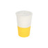 A drink bottle featuring a white and yellow design, made from wheat straw with a lid and ribbed texture.