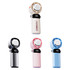 A portable cooling fan with phone stand available in grey, white, pink, and blue, featuring a digital display.