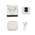 Open-ear headphones in beige packaging, featuring wireless earbuds, a charging case, and a USB charging cable.