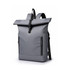 A grey roll top laptop backpack with adjustable straps and side zip pockets, featuring a logo on the front.