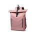 A roll top laptop backpack in pink with a grey base, featuring two zipped side pockets and adjustable straps.