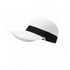 A white sun hat with a wide black band around the base, featuring a curved brim.