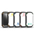 A collection of four rugged, black solar wireless power banks with various logo placements and colourful accents.